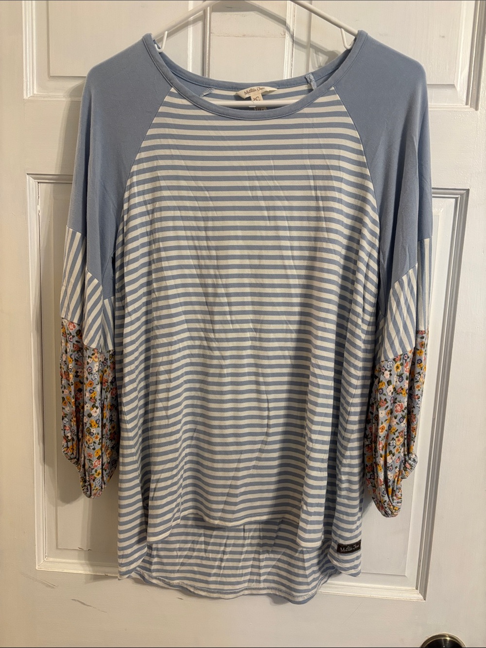 Matilda Jane Light Blue & White Striped Raglan Top with Floral Sleeves